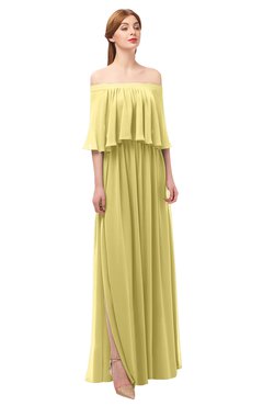 ColsBM Clair Misted Yellow Bridesmaid Dresses Glamorous Zipper Ruching Floor Length Off The Shoulder Short Sleeve
