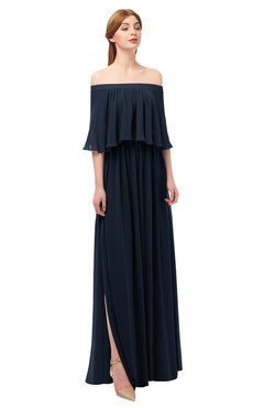 ColsBM Clair Navy Blue Bridesmaid Dresses Glamorous Zipper Ruching Floor Length Off The Shoulder Short Sleeve