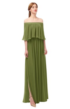 ColsBM Clair Olive Green Bridesmaid Dresses Glamorous Zipper Ruching Floor Length Off The Shoulder Short Sleeve