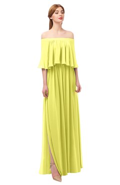 ColsBM Clair Pale Yellow Bridesmaid Dresses Glamorous Zipper Ruching Floor Length Off The Shoulder Short Sleeve