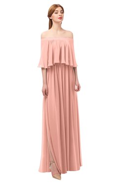 ColsBM Clair Peach Bridesmaid Dresses Glamorous Zipper Ruching Floor Length Off The Shoulder Short Sleeve