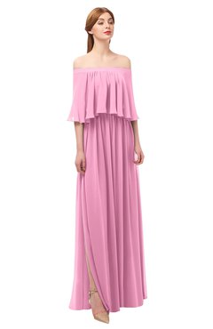 ColsBM Clair Pink Bridesmaid Dresses Glamorous Zipper Ruching Floor Length Off The Shoulder Short Sleeve