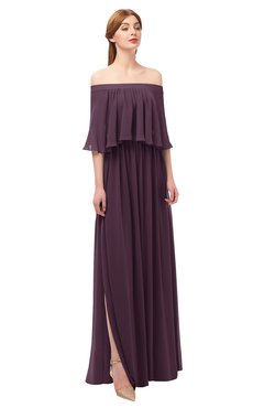 ColsBM Clair Plum Bridesmaid Dresses Glamorous Zipper Ruching Floor Length Off The Shoulder Short Sleeve