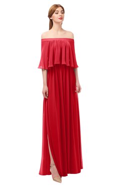 ColsBM Clair Red Bridesmaid Dresses Glamorous Zipper Ruching Floor Length Off The Shoulder Short Sleeve