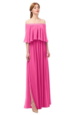 ColsBM Clair Rose Pink Bridesmaid Dresses Glamorous Zipper Ruching Floor Length Off The Shoulder Short Sleeve