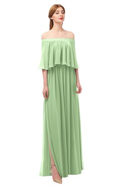 ColsBM Clair Sage Green Bridesmaid Dresses Glamorous Zipper Ruching Floor Length Off The Shoulder Short Sleeve