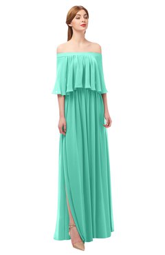 ColsBM Clair Seafoam Green Bridesmaid Dresses Glamorous Zipper Ruching Floor Length Off The Shoulder Short Sleeve