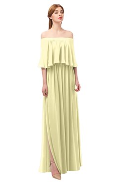 ColsBM Clair Soft Yellow Bridesmaid Dresses Glamorous Zipper Ruching Floor Length Off The Shoulder Short Sleeve