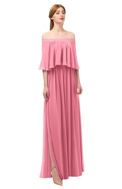 ColsBM Clair Watermelon Bridesmaid Dresses Glamorous Zipper Ruching Floor Length Off The Shoulder Short Sleeve