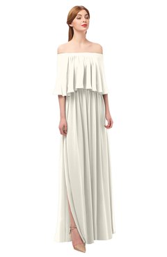 ColsBM Clair Whisper White Bridesmaid Dresses Glamorous Zipper Ruching Floor Length Off The Shoulder Short Sleeve