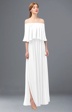 ColsBM Clair White Bridesmaid Dresses Glamorous Zipper Ruching Floor Length Off The Shoulder Short Sleeve