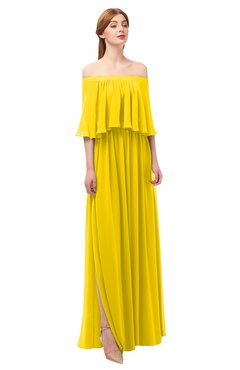 ColsBM Clair Yellow Bridesmaid Dresses Glamorous Zipper Ruching Floor Length Off The Shoulder Short Sleeve