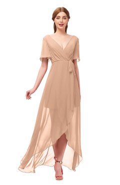 ColsBM Taegan Almost Apricot Bridesmaid Dresses Hi-Lo Ribbon Short Sleeve V-neck Modern A-line