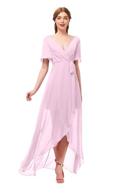 ColsBM Taegan Baby Pink Bridesmaid Dresses Hi-Lo Ribbon Short Sleeve V-neck Modern A-line