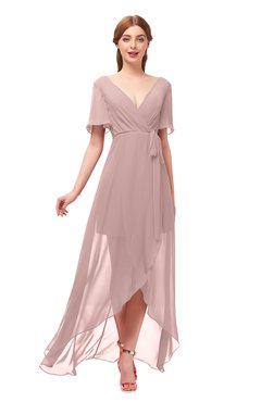 ColsBM Taegan Blush Pink Bridesmaid Dresses Hi-Lo Ribbon Short Sleeve V-neck Modern A-line