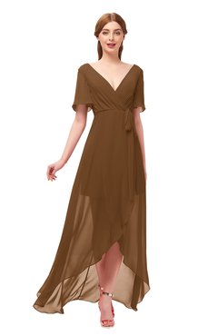 ColsBM Taegan Brown Bridesmaid Dresses Hi-Lo Ribbon Short Sleeve V-neck Modern A-line