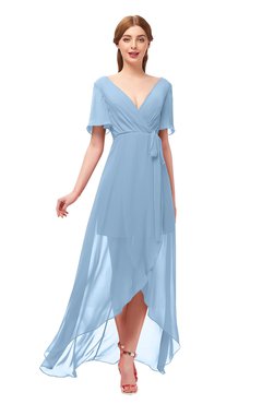 ColsBM Taegan Dusty Blue Bridesmaid Dresses Hi-Lo Ribbon Short Sleeve V-neck Modern A-line