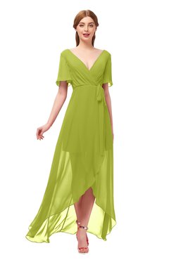 ColsBM Taegan Green Oasis Bridesmaid Dresses Hi-Lo Ribbon Short Sleeve V-neck Modern A-line