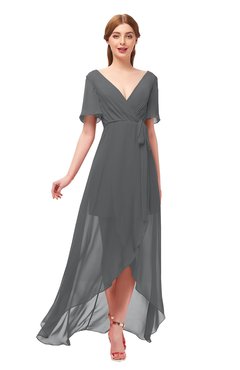 ColsBM Taegan Grey Bridesmaid Dresses Hi-Lo Ribbon Short Sleeve V-neck Modern A-line