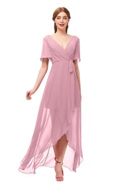 ColsBM Taegan Light Coral Bridesmaid Dresses Hi-Lo Ribbon Short Sleeve V-neck Modern A-line