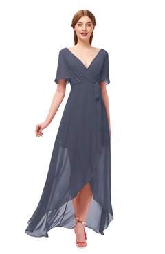 ColsBM Taegan Nightshadow Blue Bridesmaid Dresses Hi-Lo Ribbon Short Sleeve V-neck Modern A-line