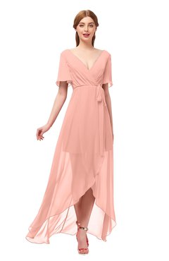 ColsBM Taegan Peach Bridesmaid Dresses Hi-Lo Ribbon Short Sleeve V-neck Modern A-line