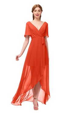 ColsBM Taegan Persimmon Bridesmaid Dresses Hi-Lo Ribbon Short Sleeve V-neck Modern A-line