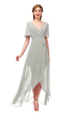 ColsBM Taegan Platinum Bridesmaid Dresses Hi-Lo Ribbon Short Sleeve V-neck Modern A-line