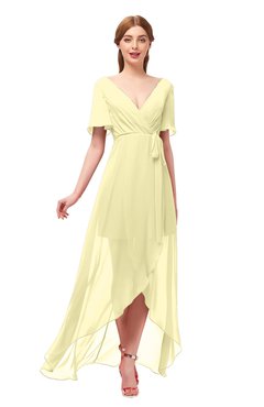 ColsBM Taegan Soft Yellow Bridesmaid Dresses Hi-Lo Ribbon Short Sleeve V-neck Modern A-line
