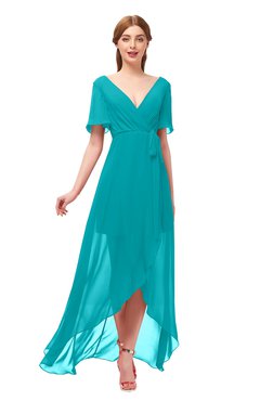 ColsBM Taegan Teal Bridesmaid Dresses Hi-Lo Ribbon Short Sleeve V-neck Modern A-line