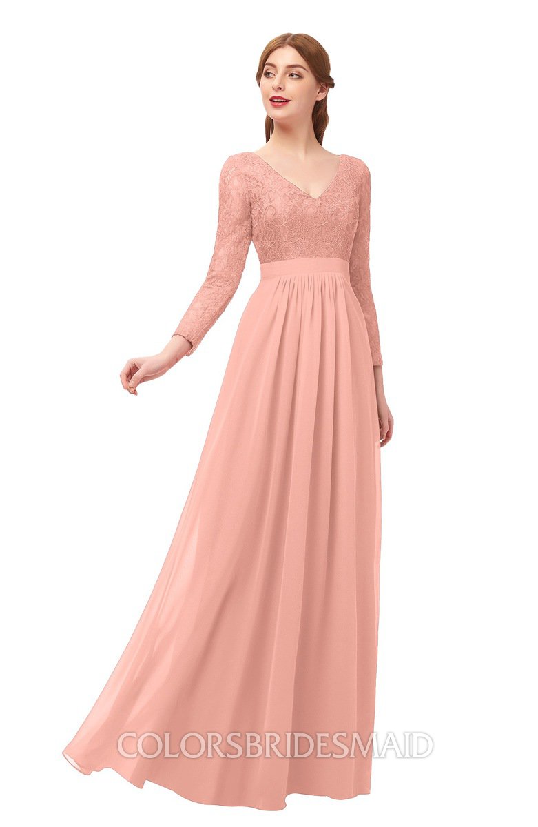 Long Peach Dress With Sleeves Sale, 55 ...