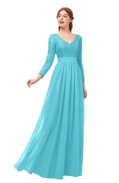 ColsBM Cyan Turquoise Bridesmaid Dresses Sexy A-line Long Sleeve V-neck Backless Floor Length