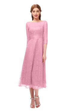 ColsBM Lauryn Carnation Pink Bridesmaid Dresses A-line Lace Cute Tea Length Sabrina Three-fourths Length Sleeve