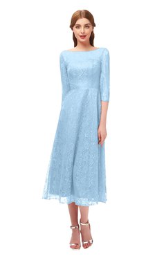 ColsBM Lauryn Ice Blue Bridesmaid Dresses A-line Lace Cute Tea Length Sabrina Three-fourths Length Sleeve