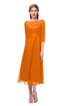 ColsBM Lauryn Orange Bridesmaid Dresses A-line Lace Cute Tea Length Sabrina Three-fourths Length Sleeve