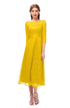 ColsBM Lauryn Yellow Bridesmaid Dresses A-line Lace Cute Tea Length Sabrina Three-fourths Length Sleeve