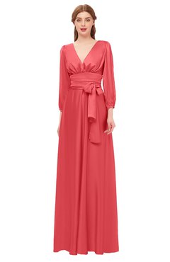 ColsBM Martha Coral Bridesmaid Dresses Floor Length Ruching Zip up V-neck Long Sleeve Glamorous