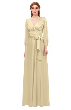 ColsBM Martha Cornhusk Bridesmaid Dresses Floor Length Ruching Zip up V-neck Long Sleeve Glamorous