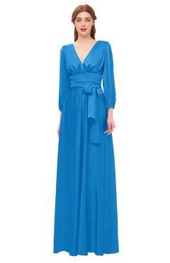 ColsBM Martha French Blue Bridesmaid Dresses Floor Length Ruching Zip up V-neck Long Sleeve Glamorous