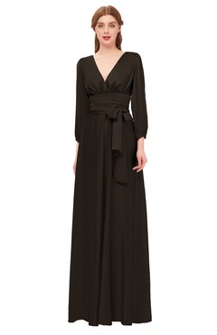 ColsBM Martha Fudge Brown Bridesmaid Dresses Floor Length Ruching Zip up V-neck Long Sleeve Glamorous