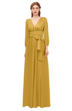 ColsBM Martha Gold Bridesmaid Dresses Floor Length Ruching Zip up V-neck Long Sleeve Glamorous