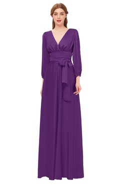 ColsBM Martha Magic Purple Bridesmaid Dresses Floor Length Ruching Zip up V-neck Long Sleeve Glamorous