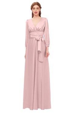 ColsBM Martha Pastel Pink Bridesmaid Dresses Floor Length Ruching Zip up V-neck Long Sleeve Glamorous