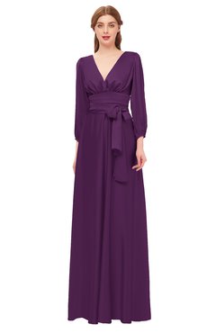 ColsBM Martha Plum Bridesmaid Dresses Floor Length Ruching Zip up V-neck Long Sleeve Glamorous