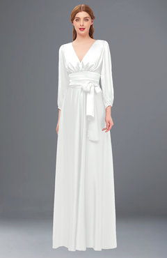 ColsBM Martha White Bridesmaid Dresses Floor Length Ruching Zip up V-neck Long Sleeve Glamorous
