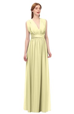 ColsBM Freya Soft Yellow Bridesmaid Dresses Floor Length V-neck A-line Sleeveless Sexy Zip up
