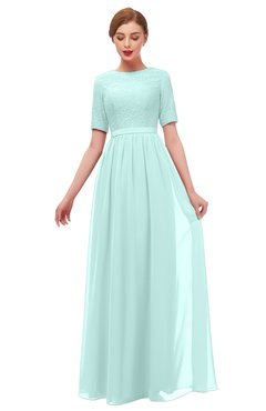 ColsBM Ansley Blue Glass Bridesmaid Dresses Modest Lace Jewel A-line Elbow Length Sleeve Zip up