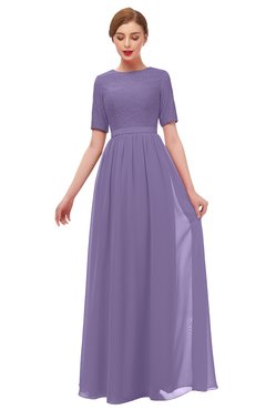 ColsBM Ansley Chalk Violet Bridesmaid Dresses Modest Lace Jewel A-line Elbow Length Sleeve Zip up