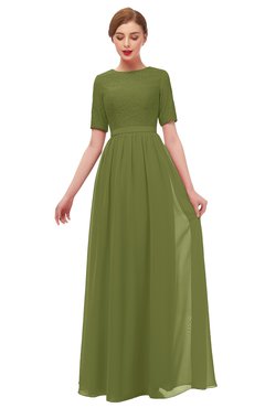 ColsBM Ansley Olive Green Bridesmaid Dresses Modest Lace Jewel A-line Elbow Length Sleeve Zip up