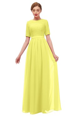 ColsBM Ansley Pale Yellow Bridesmaid Dresses Modest Lace Jewel A-line Elbow Length Sleeve Zip up